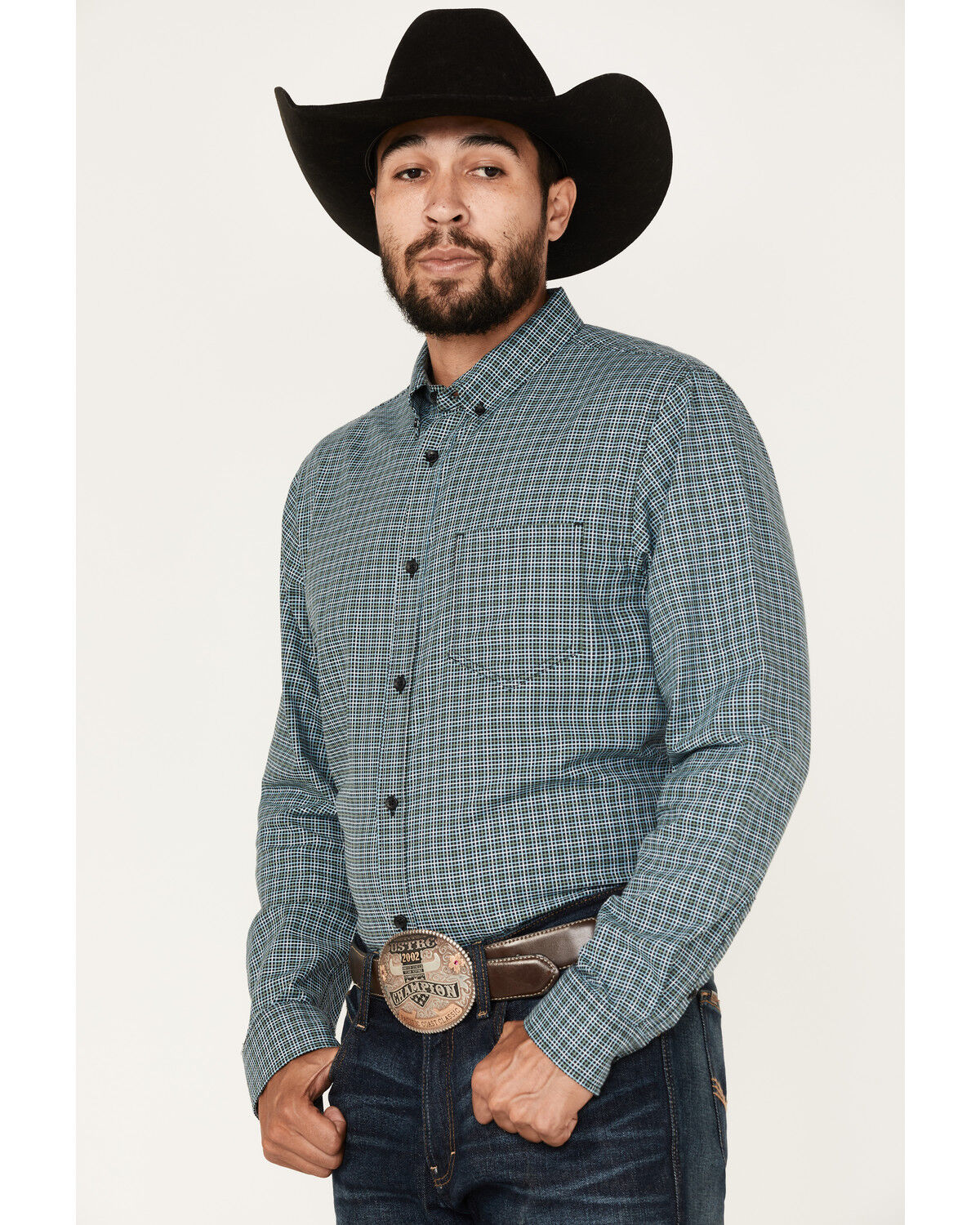Image #1 - Cody James Men's Small Plaid Button Down Western Shirt, Green, hi-res