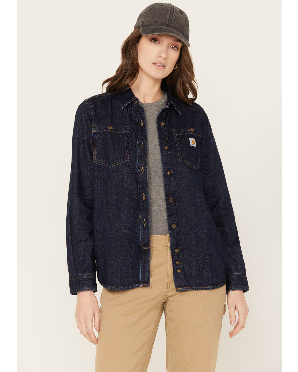Image #1 - Carhartt Women's Relaxed Fit Midweight Denim Long Sleeve Work Shirt, Blue, hi-res