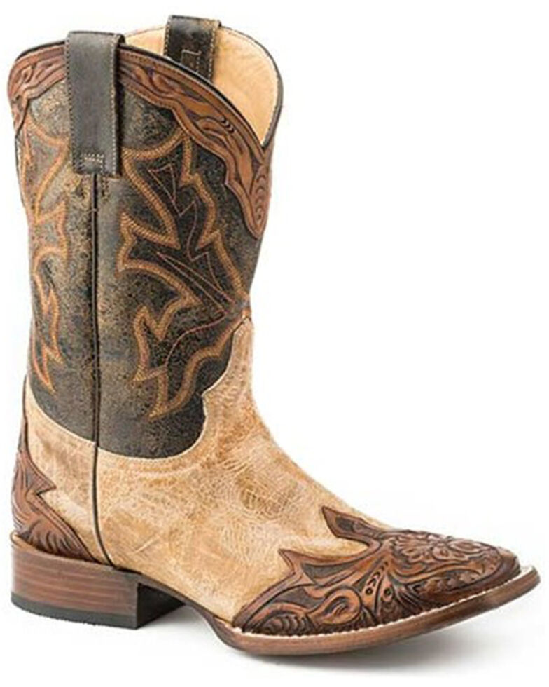 Stetson Men's Julian Cracked Tooled Wingtip Western Boots - Wide Square Toe , Tan, hi-res