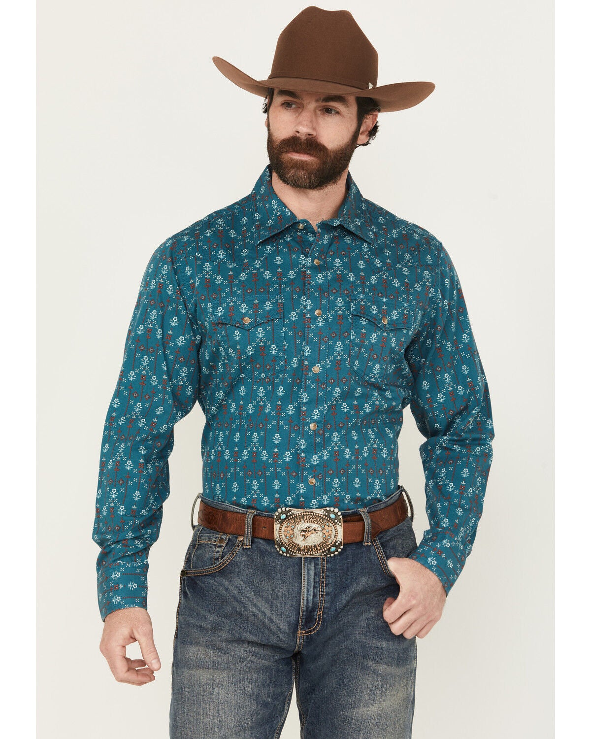 Image #1 - Wrangler Retro Men's Floral Print Long Sleeve Snap Western Shirt, Blue, hi-res