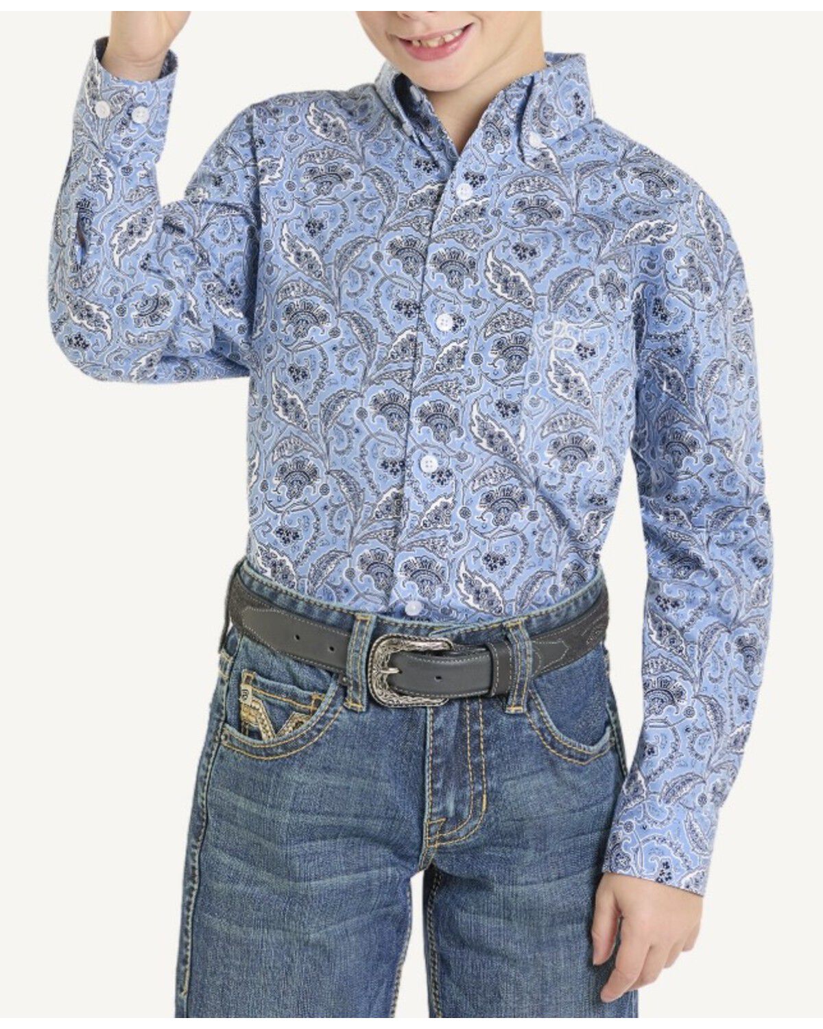 Panhandle Slim Boys' Paisley Print Long Sleeve Button-Down Stretch Western Shirt, Blue, hi-res