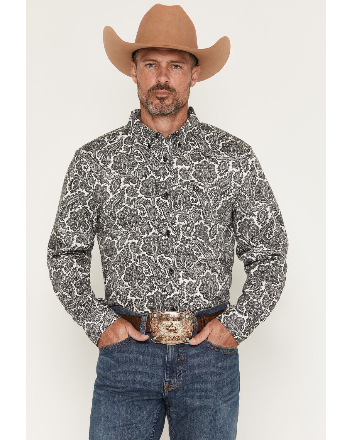 Cody James Men's Botanical Paisley Print Long Sleeve Button-Down Stretch Western Shirt - Big, Black, hi-res