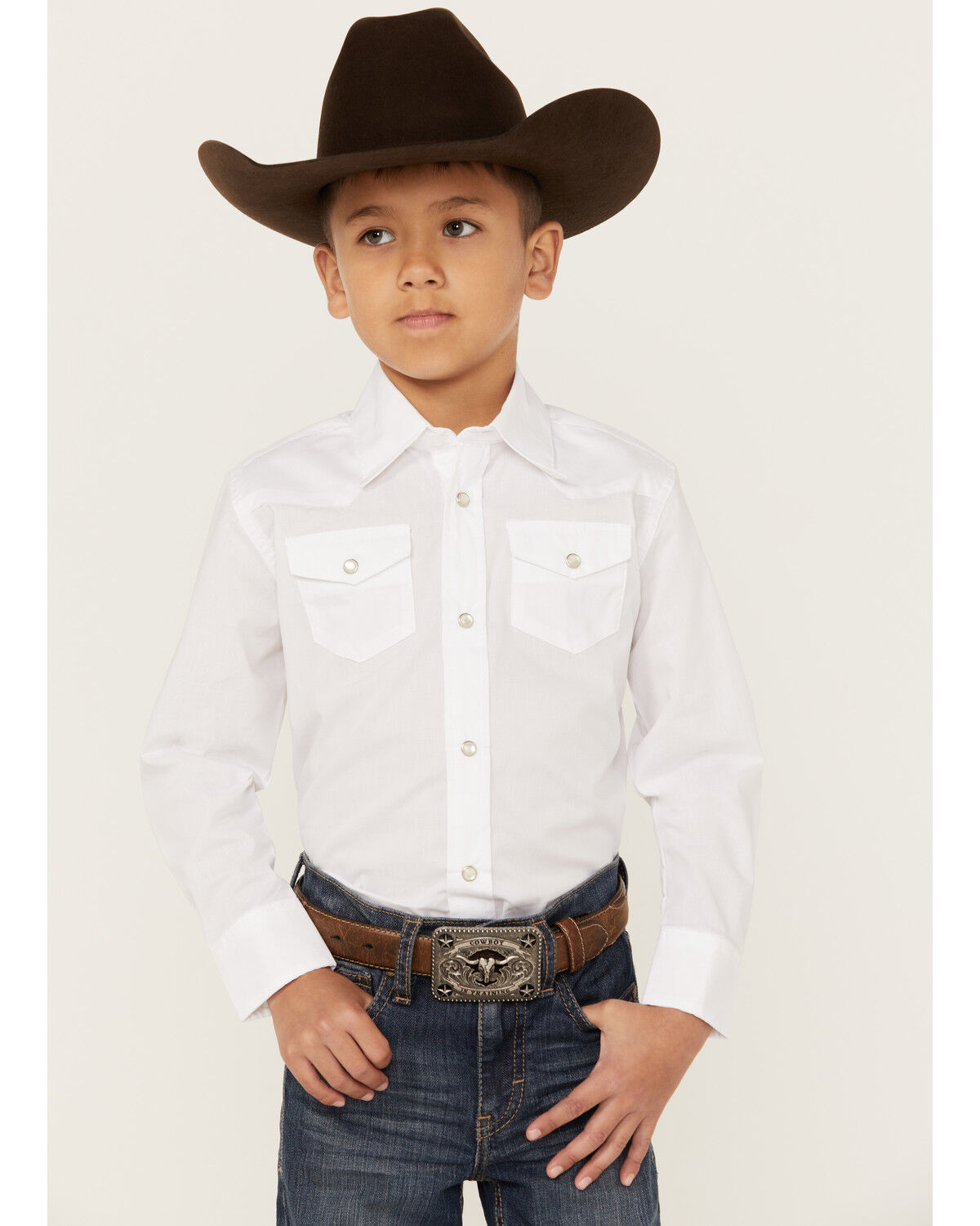 Image #1 - Wrangler Boys' Solid Long Sleeve Pearl Snap Western Shirt, White, hi-res
