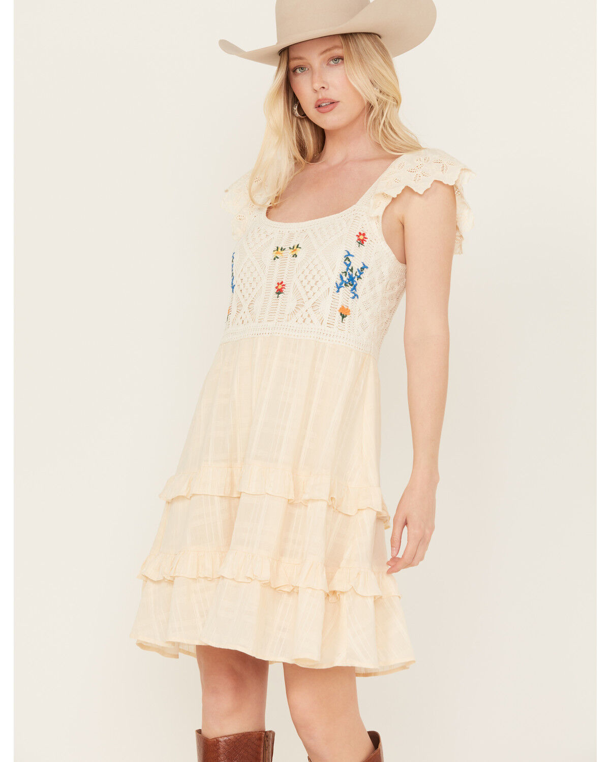 Image #1 - Miss Me Women's Floral Crochet Flutter Sleeveless Tier Mini Dress, Natural, hi-res