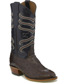 Tony Lama Men's Brown/Black Full Quill Ostrich Cowboy Boots - Medium Toe, Dark Brown, hi-res