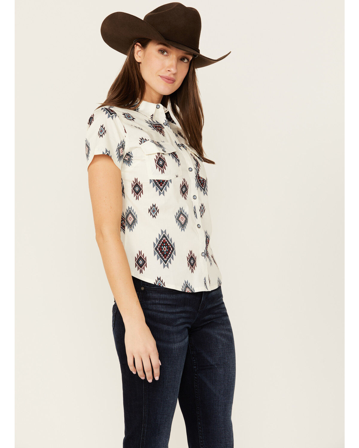 Image #2 - Shyanne Women's Laramie Southwestern Print Short Sleeve Snap Western Riding Shirt, Cream, hi-res