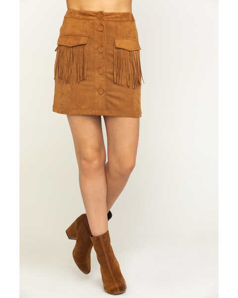 Flying Tomato Women's Fringe Pocket Mini Skirt, Camel, hi-res