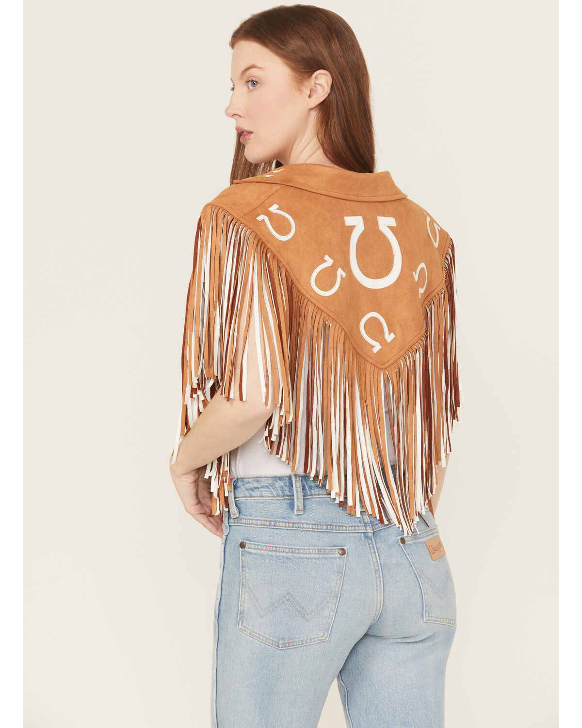 Image #4 - Saints & Hearts Women's Faux Suede Horseshoe Fringe Cape, Camel, hi-res