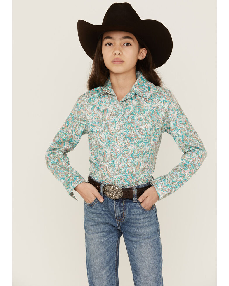 Panhandle Girls' Distressed Paisley Snap Western Shirt, Teal, hi-res