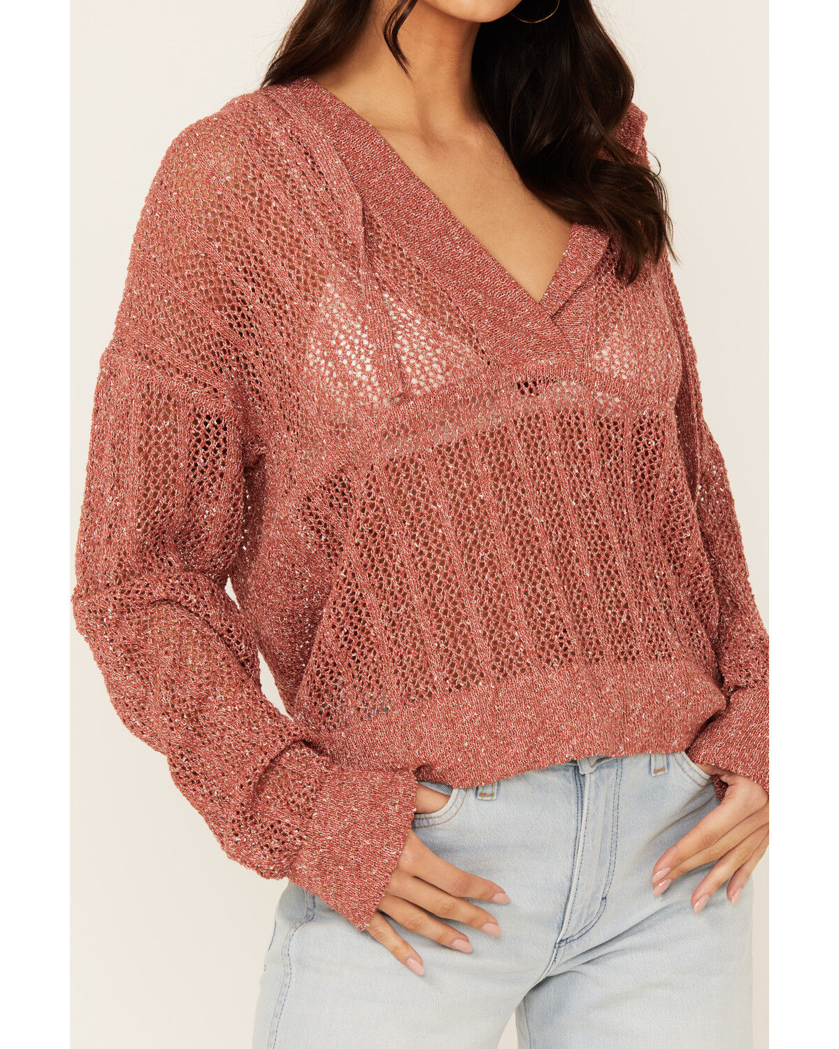 Image #3 - Cleo + Wolf Women's Blythe Deep V Weave Hooded Pullover, Peach, hi-res