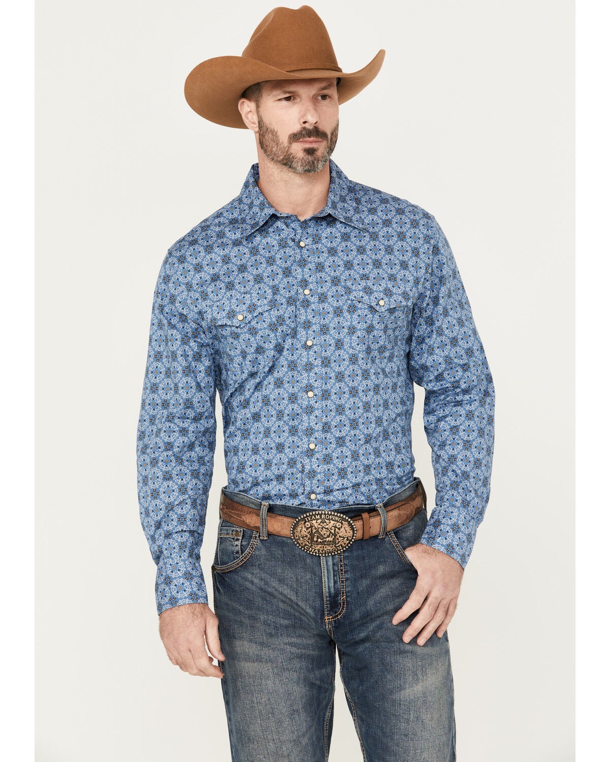 Rock & Roll Denim Men's Medallion Print Long Sleeve Snap Western Shirt, Blue, hi-res