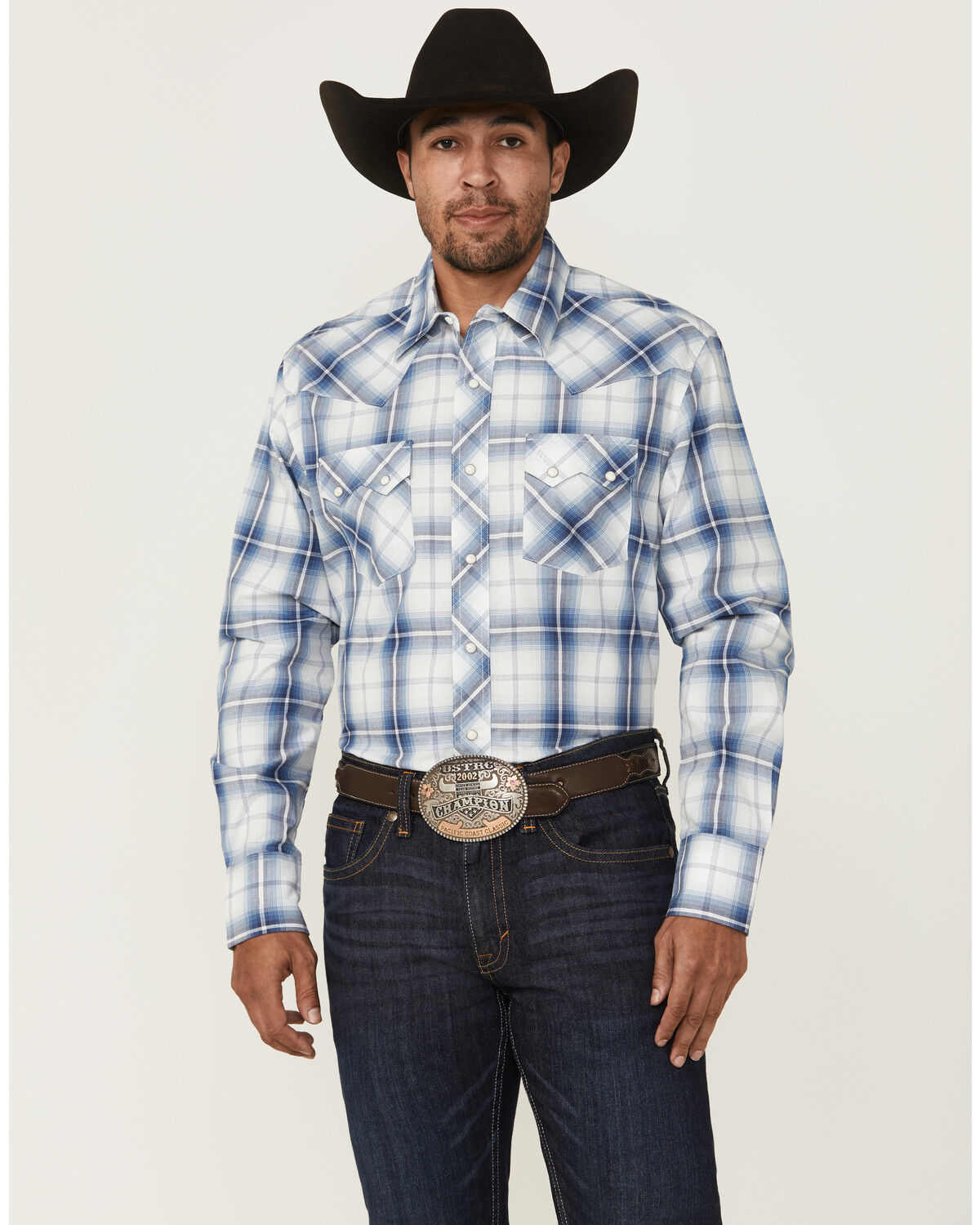 Image #1 - Wrangler Retro Men's Plaid Print Long Sleeve Snap Western Shirt - Tall, Blue, hi-res