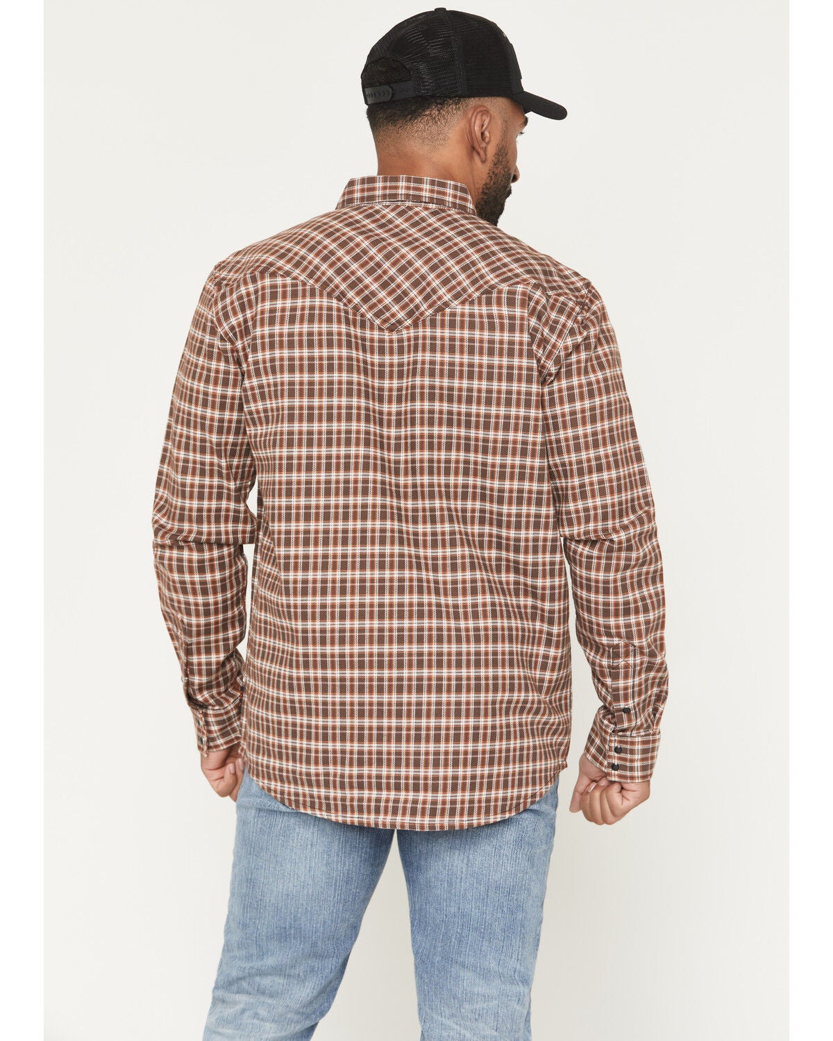 Image #4 - Cody James Men's FR Hondo Plaid Print Long Sleeve Snap Stretch Work Shirt, Dark Brown, hi-res