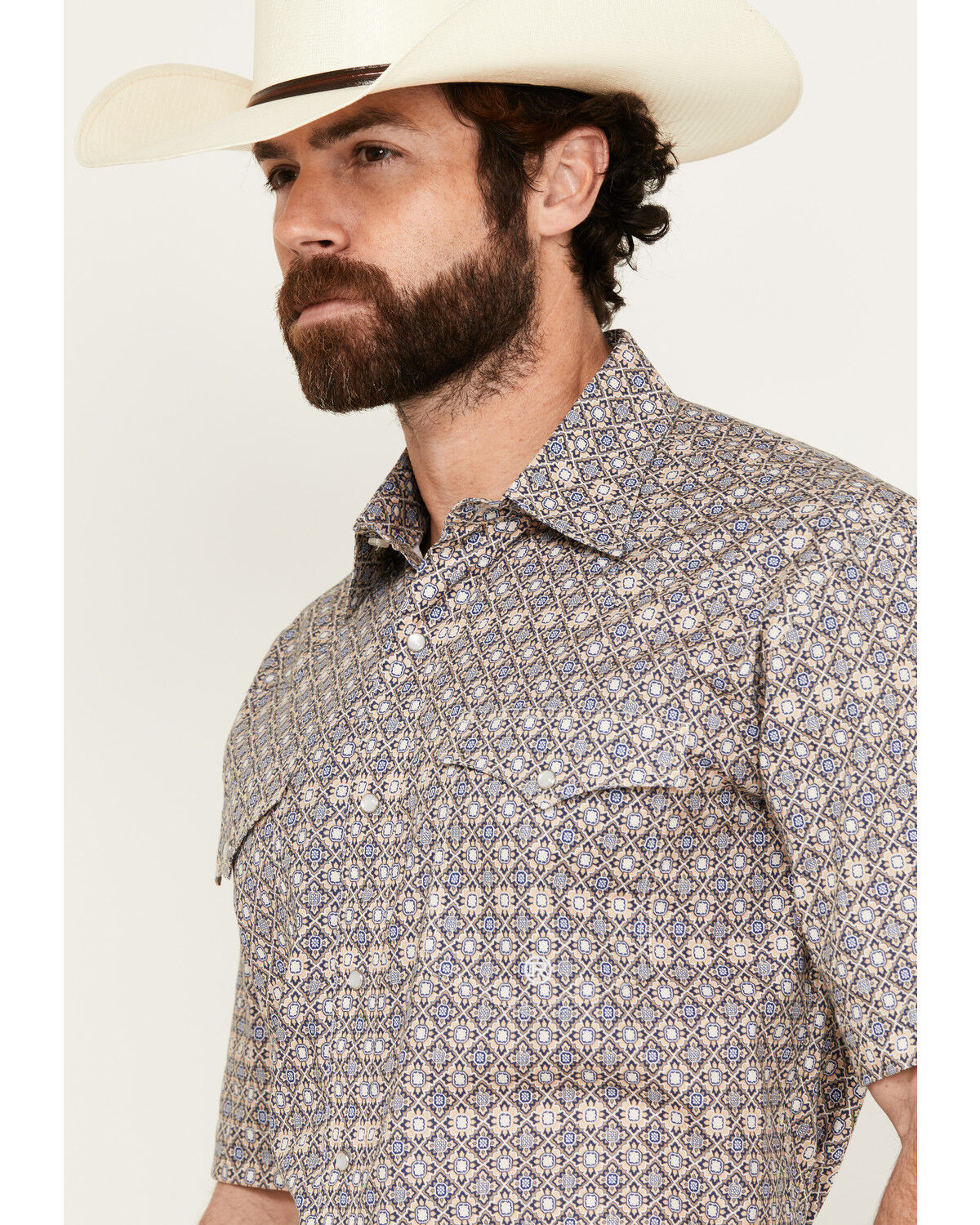 Image #2 - Roper Men's Amarillo Mini Medallion Print Short Sleeve Snap Western Shirt, Beige, hi-res