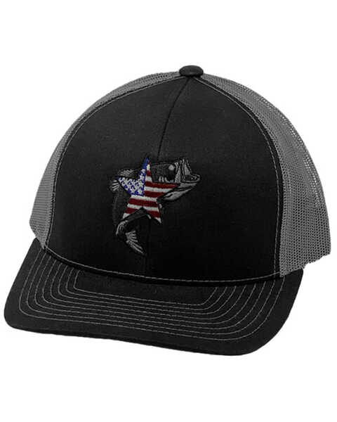 Oil Field Hats Men's Black & Grey American Flag Bass Embroidered Ball Cap , Black, hi-res