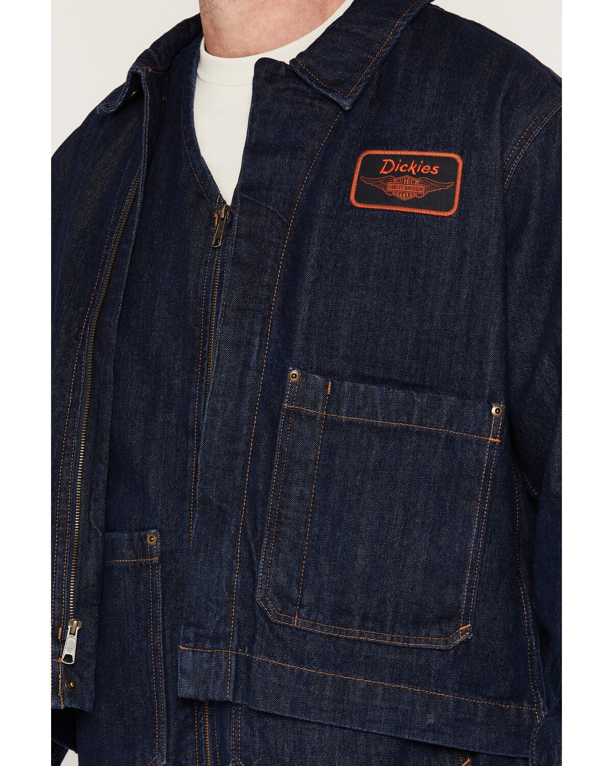 Image #3 - Dickies X Harley Davidson Men's Dark Wash Embroidered Zip-Up Denim Jacket, Dark Wash, hi-res