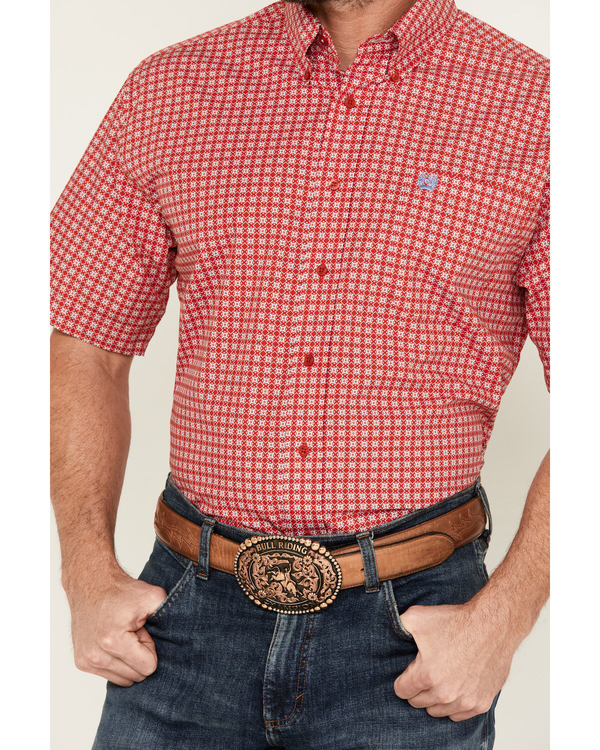 Image #3 - Cinch Men's Geo Print Short Sleeve Button-Down Western Shirt, Red, hi-res