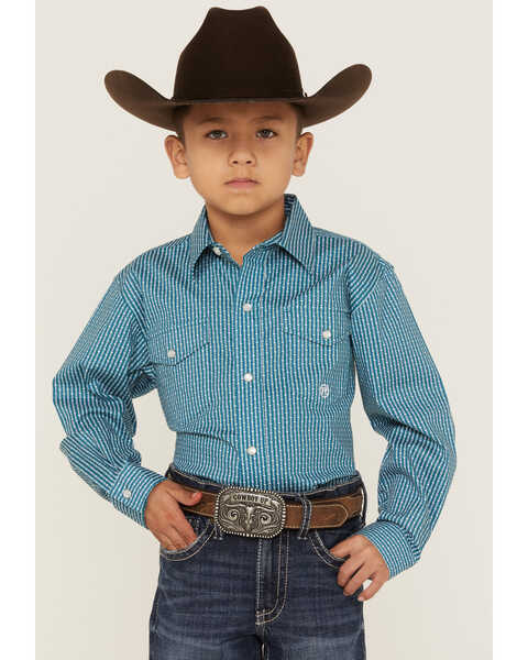 Roper Boys' Geo Stripe Print Long Sleeve Snap Stretch Western Shirt, Sage, hi-res