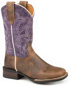 Roper Youth Girls' Faux Leather Western Boots - Square Toe, Purple, hi-res