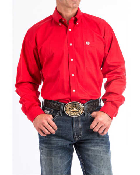 Image #1 - Cinch Men's Solid Long Sleeve Button-Down Western Shirt, Red, hi-res