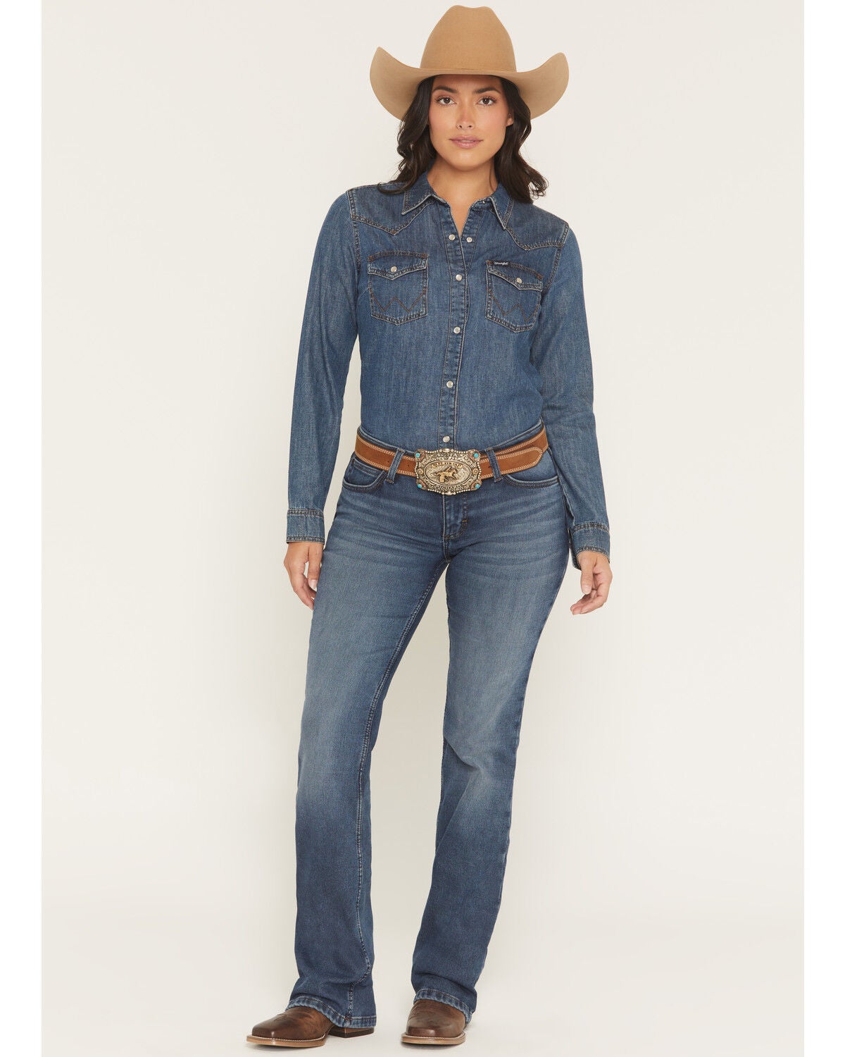 Wrangler Retro Women's Mae Dark Wash Mid Rise Lined Bootcut Stretch Denim Jeans, Dark Wash, hi-res