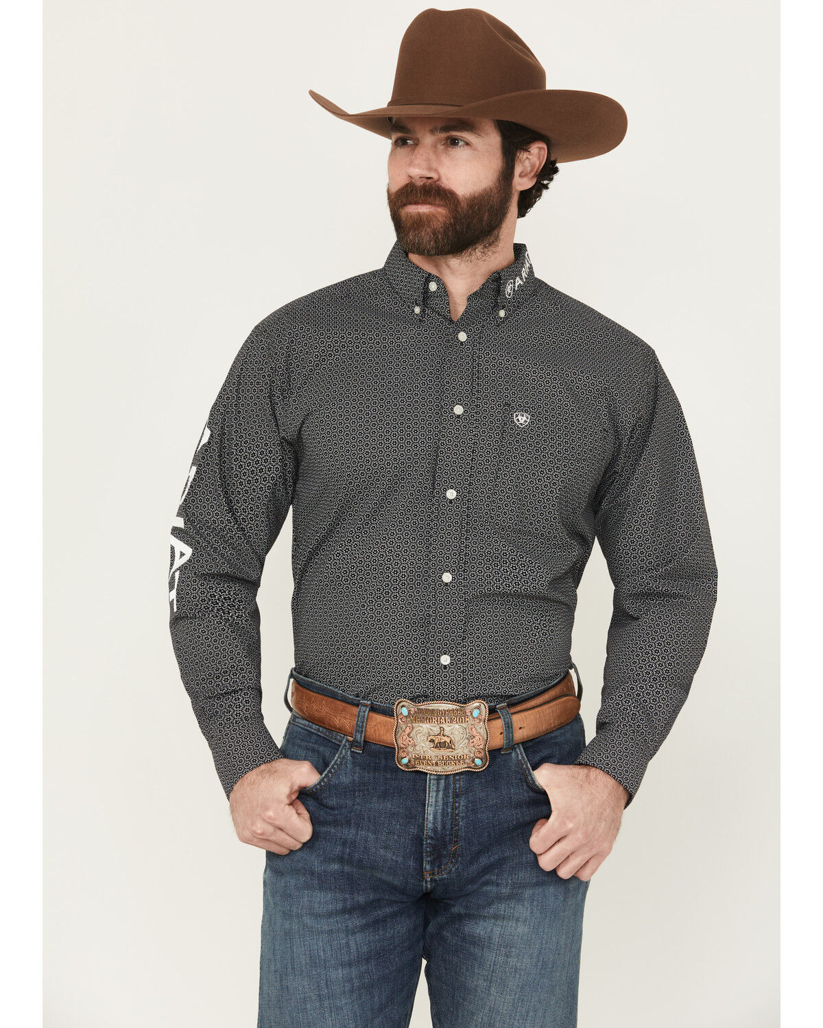 Image #1 - Ariat Men's Team Flower Geo Print Long Sleeve Button-Down Western Shirt - Tall, Black, hi-res
