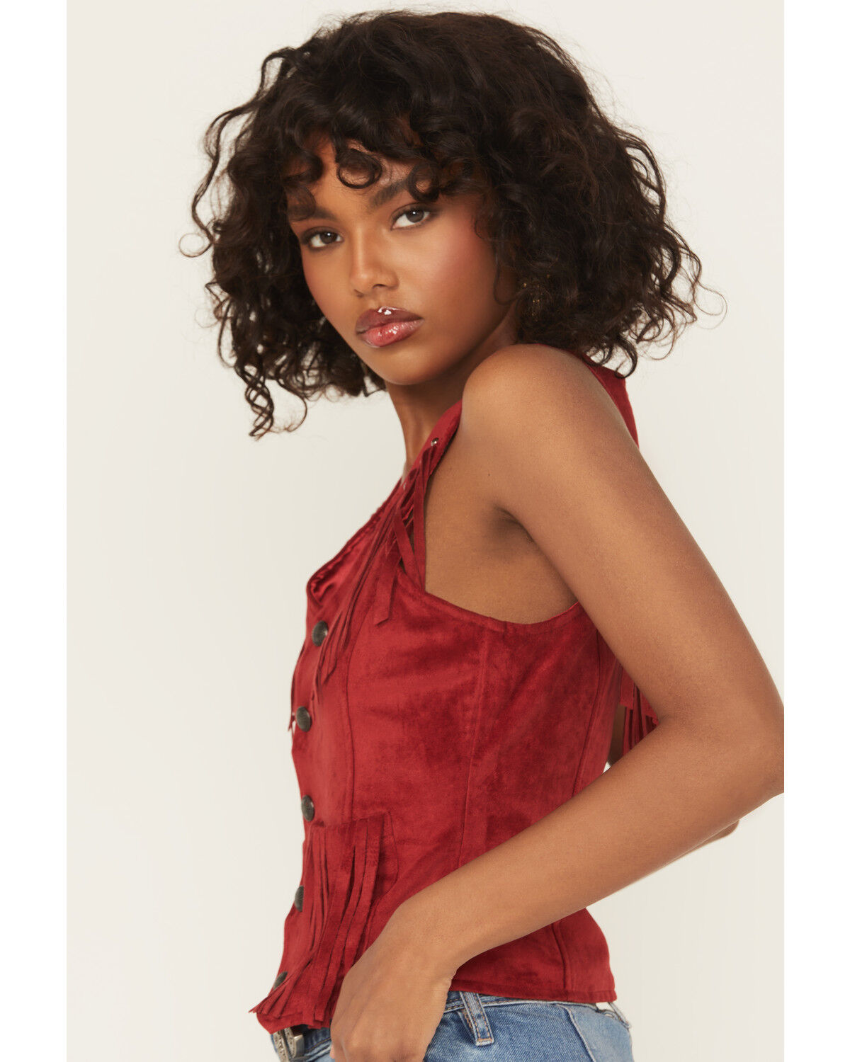Image #2 - Rock & Roll Denim Women's Fringe Faux Suede Vest, Red, hi-res