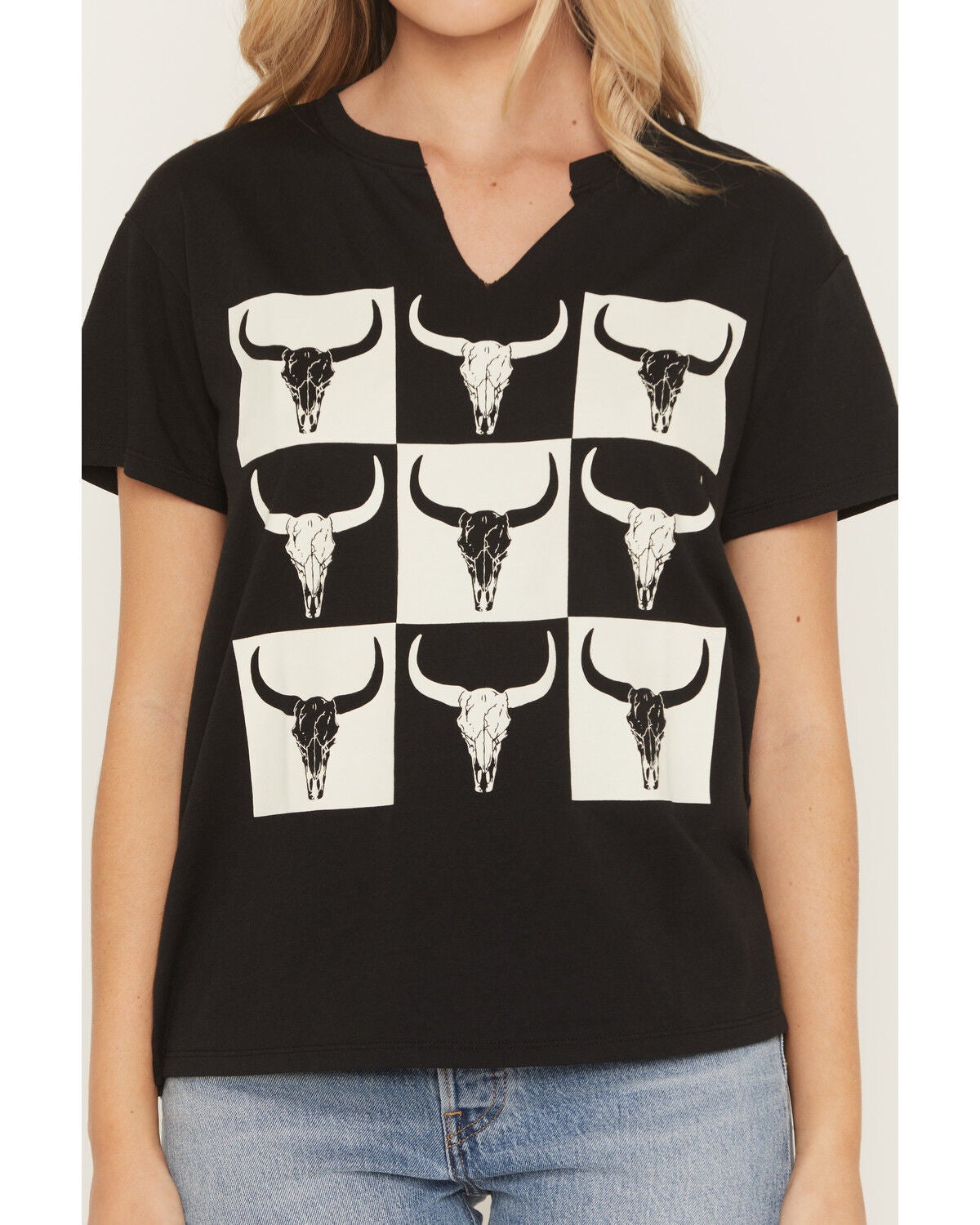 Image #3 - Blended Women's Steer Head Checkerboard Short Sleeve Graphic Tee, White, hi-res