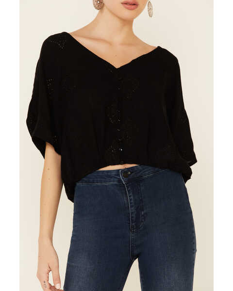 Image #3 - Angie Women's Embroidered Button-Down Long Sleeve Flowy Top, Black, hi-res