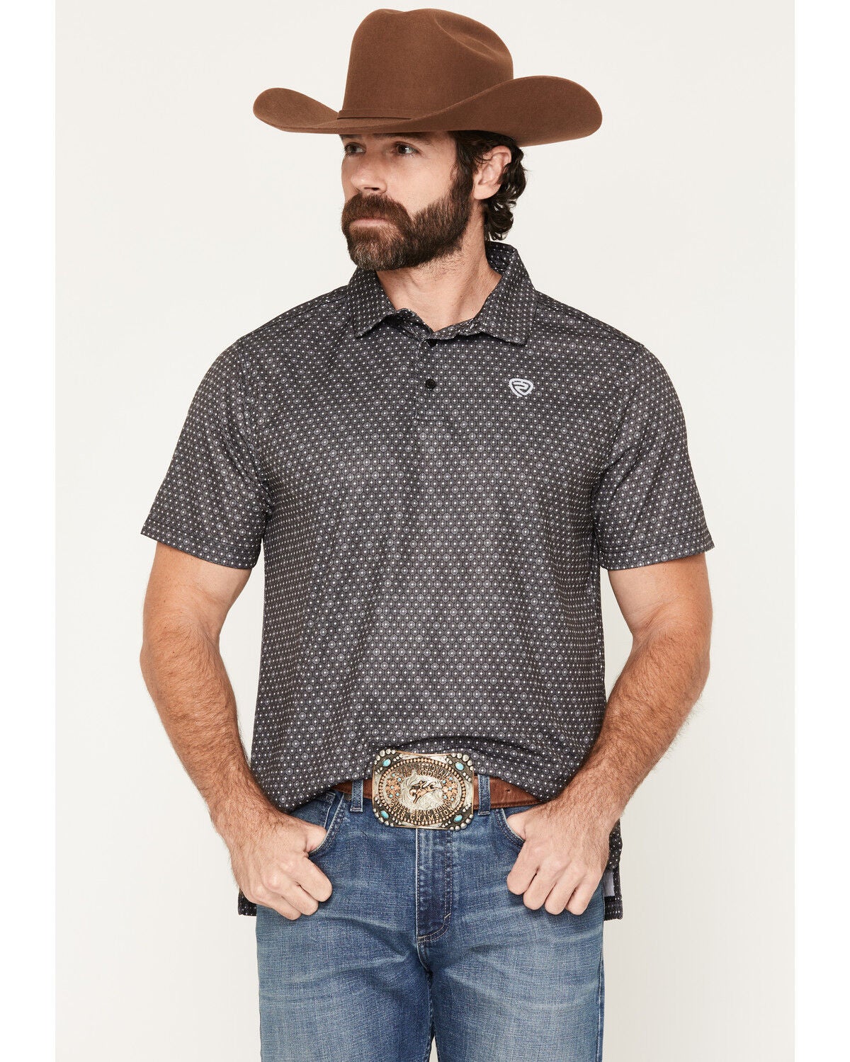 Image #1 - Rock & Roll Denim Men's Geo Print Short Sleeve Button-Down Stretch Polo, Black, hi-res