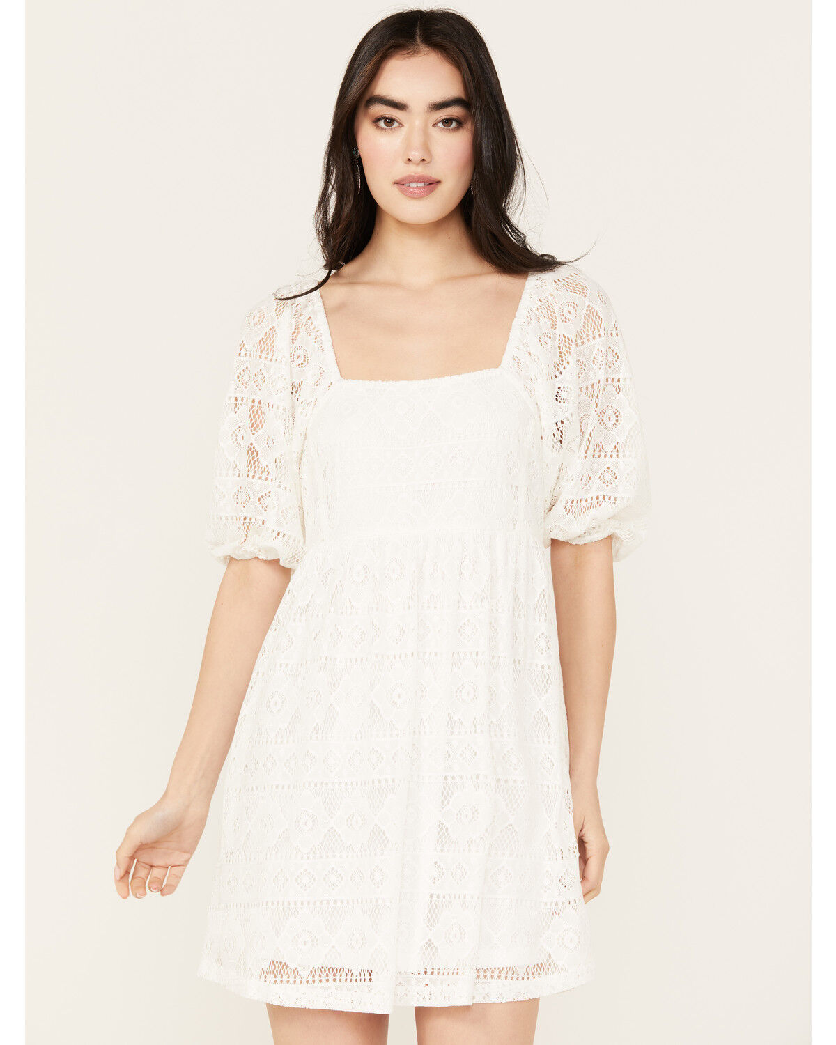 Image #1 - En Creme Women's Allover Crochet Short Sleeve Mini Dress, , hi-res
