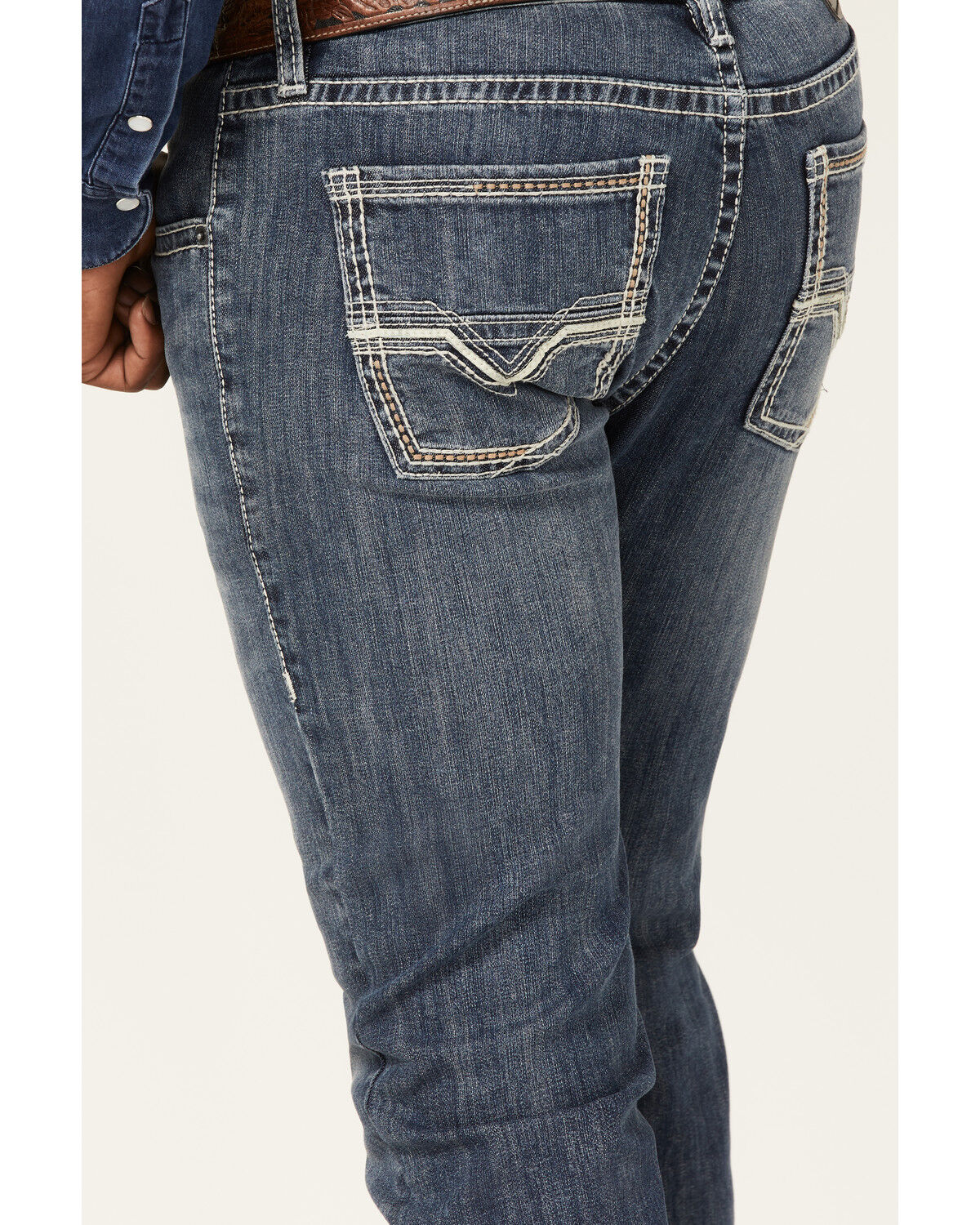 Image #4 - Rock & Roll Denim Men's Rifle Medium Wash Leather Pocket Stretch Straight Skinny Jeans, Medium Wash, hi-res