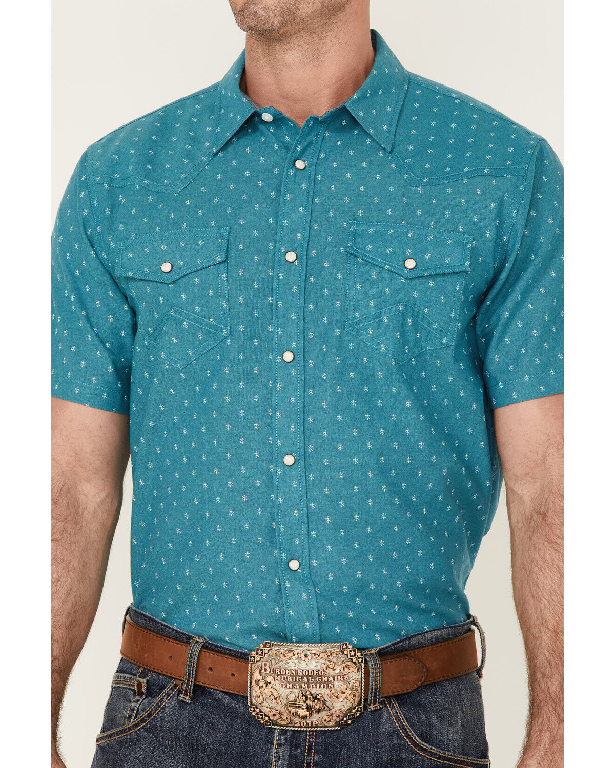 Image #3 - Cody James Men's Field Day Chambray Geo Print Short Sleeve Snap Western Shirt, Blue, hi-res