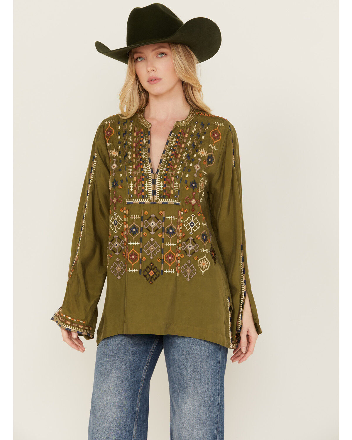 Image #1 - Johnny Was Women's Embroidered Long Sleeve Shirt, Green, hi-res