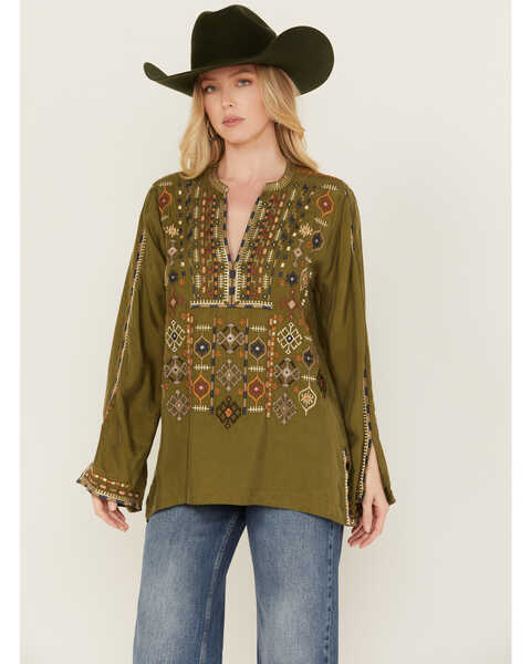 Johnny Was Women's Embroidered Long Sleeve Shirt , Green, hi-res