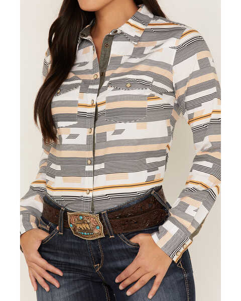 Image #3 - RANK 45® Women's Geo Stripe Print Long Sleeve Stretch Western Riding Shirt, Ivory, hi-res