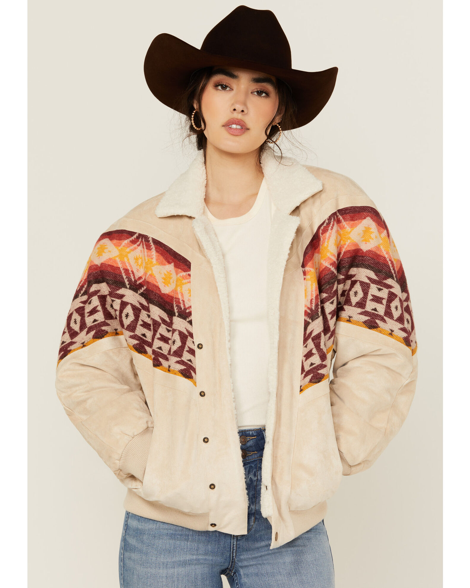 Rock Roll Denim Women s Southwestern Print Sherpa Lined Bomber Jacket Country Outfitter