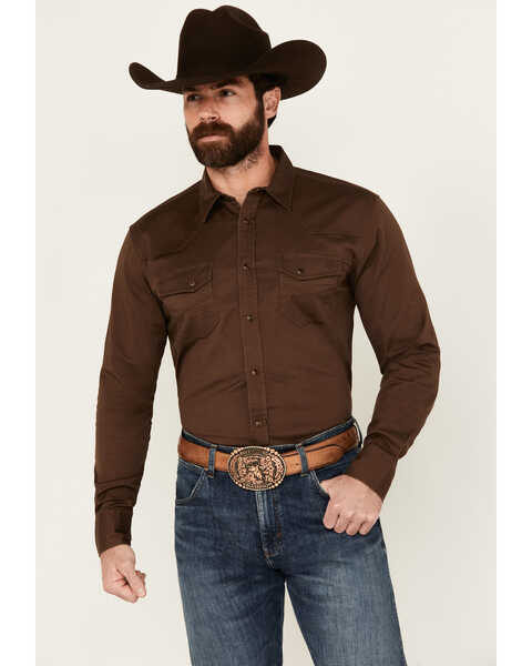 Blue Ranchwear Men's Rustler Solid Twill Long Sleeve Snap Western Work Shirt , Brown, hi-res