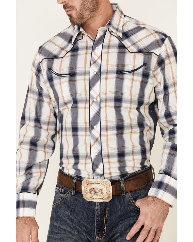 Roper Men's Classic Large Plaid Star Embroidered Long Sleeve Snap Western Shirt , Navy, hi-res