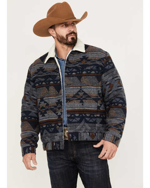 Wrangler Men's Southwestern Print Sherpa Button Down Jacquard Jacket, Blue, hi-res