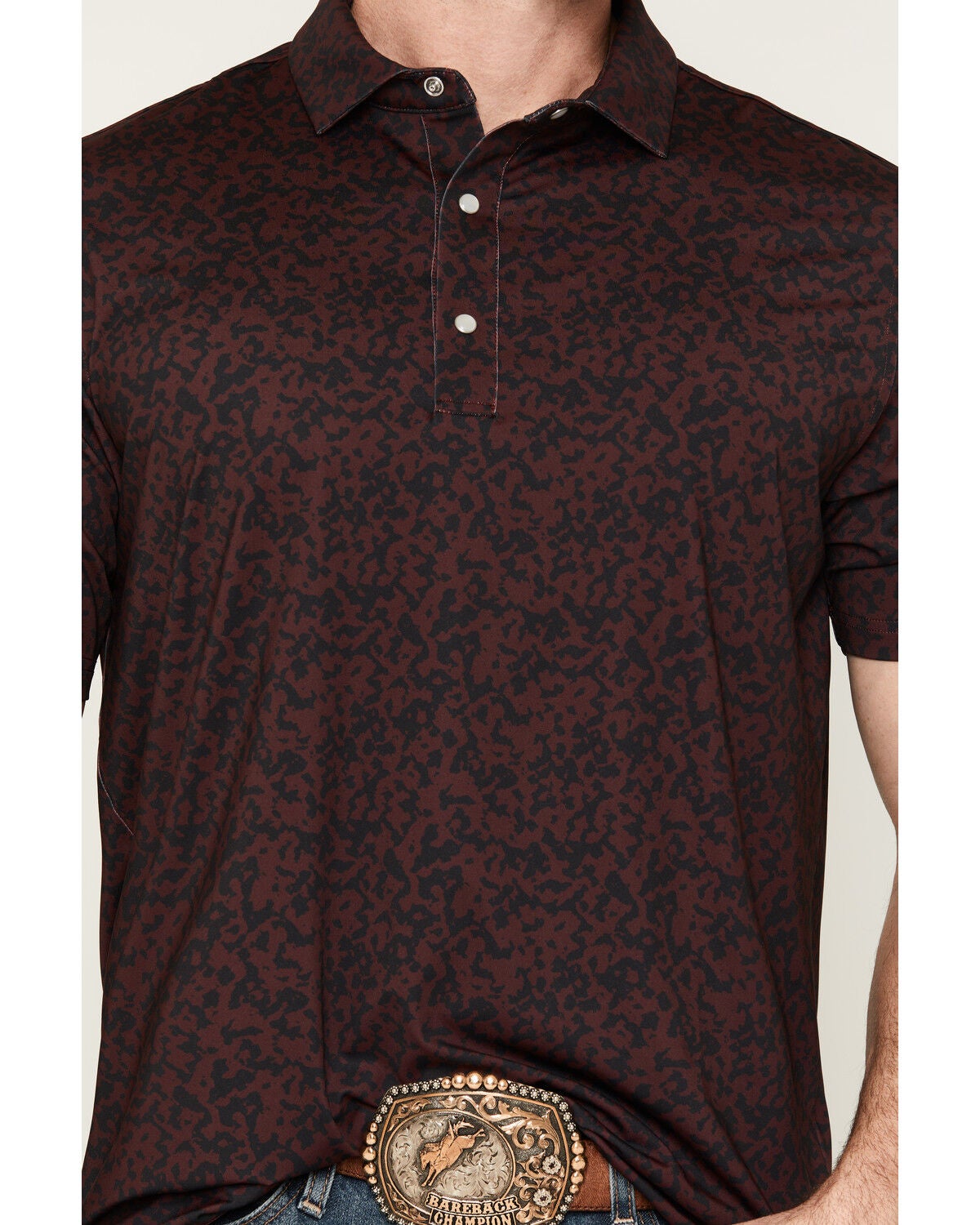 Image #3 - Ferrell Men's Grant Camo Print Short Sleeve Snap Stretch Polo Shirt, Maroon, hi-res