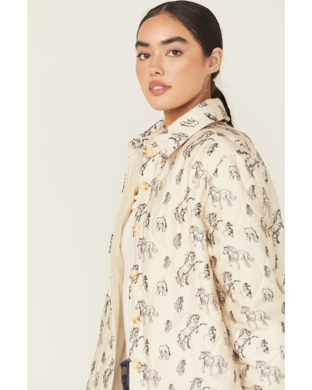 Image #2 - Blue B Women's Quilted Horse Print Button-Down Jacket, Cream, hi-res