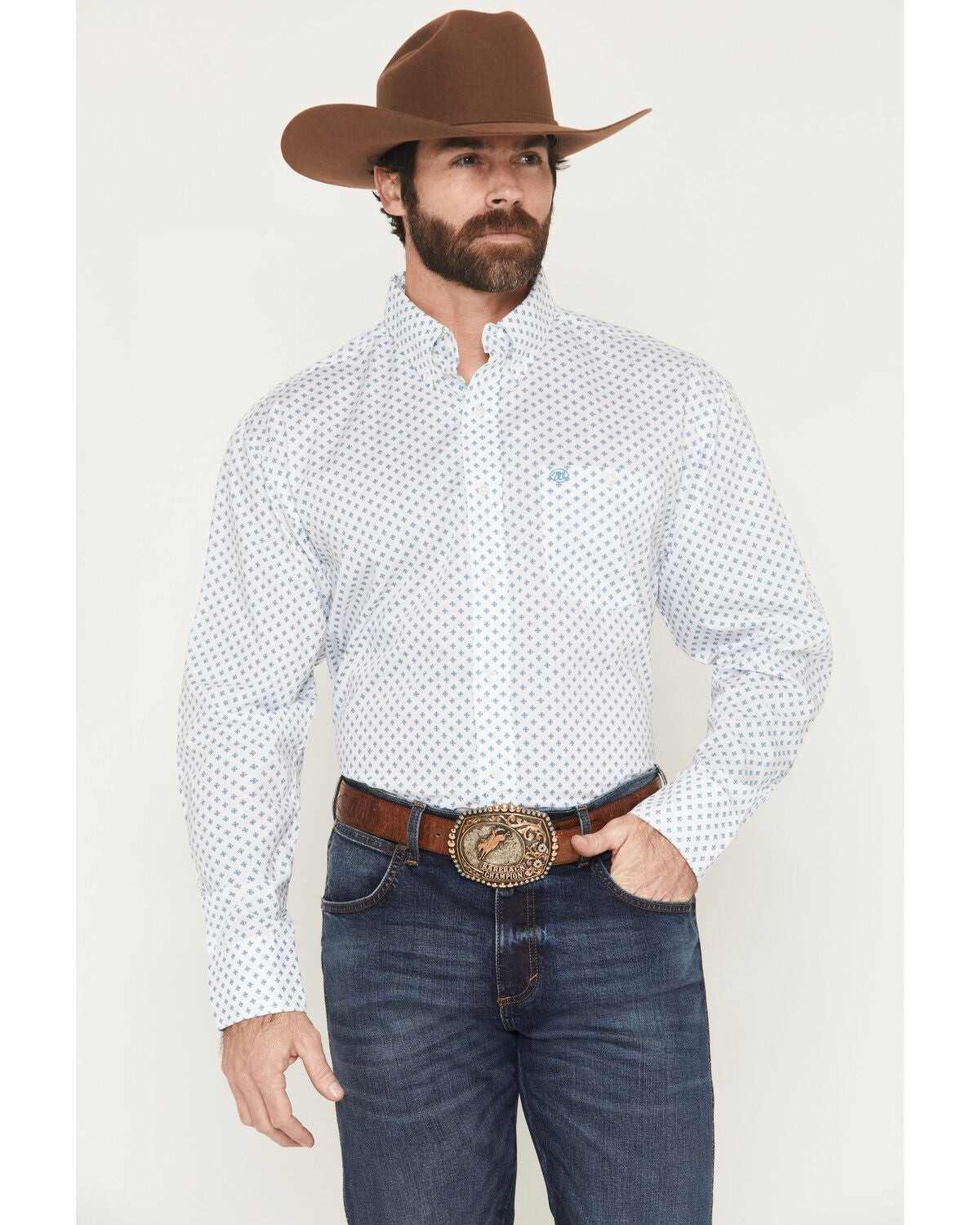 Image #1 - Wrangler Men's Classics Geo Print Long Sleeve Button-Down Western Shirt, White, hi-res