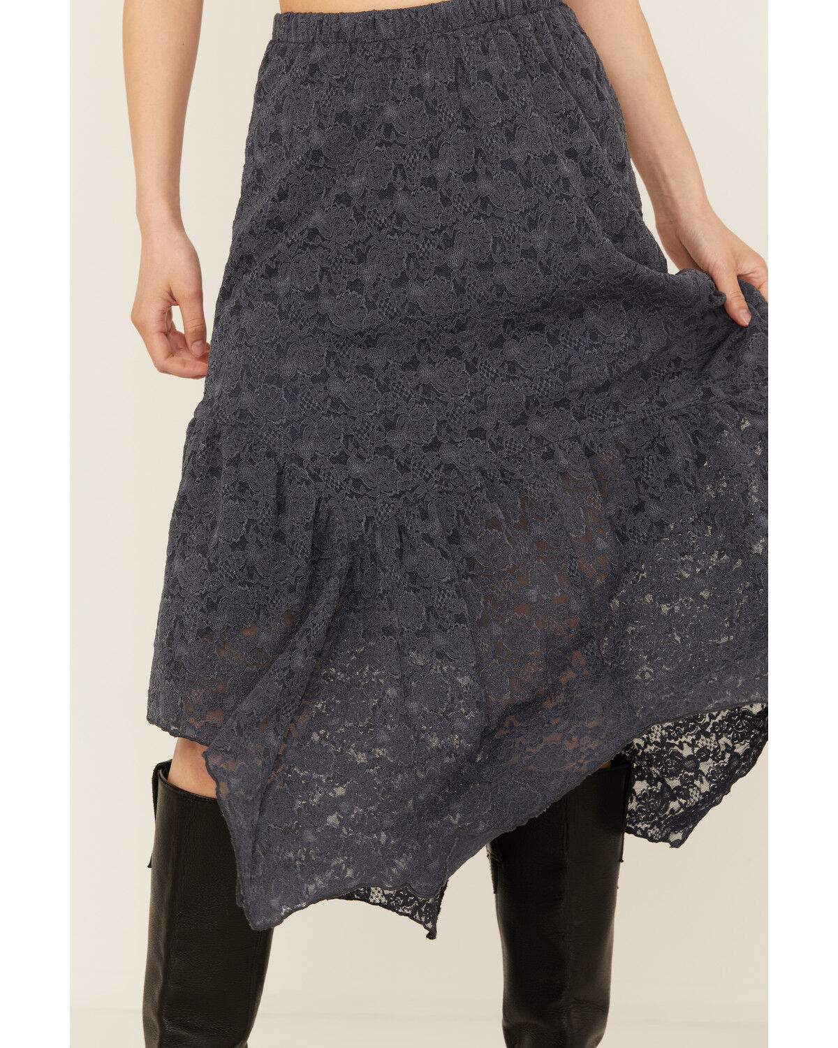Image #2 - Originality Women's Handkerchief Hem Lace Midi Skirt, Navy, hi-res