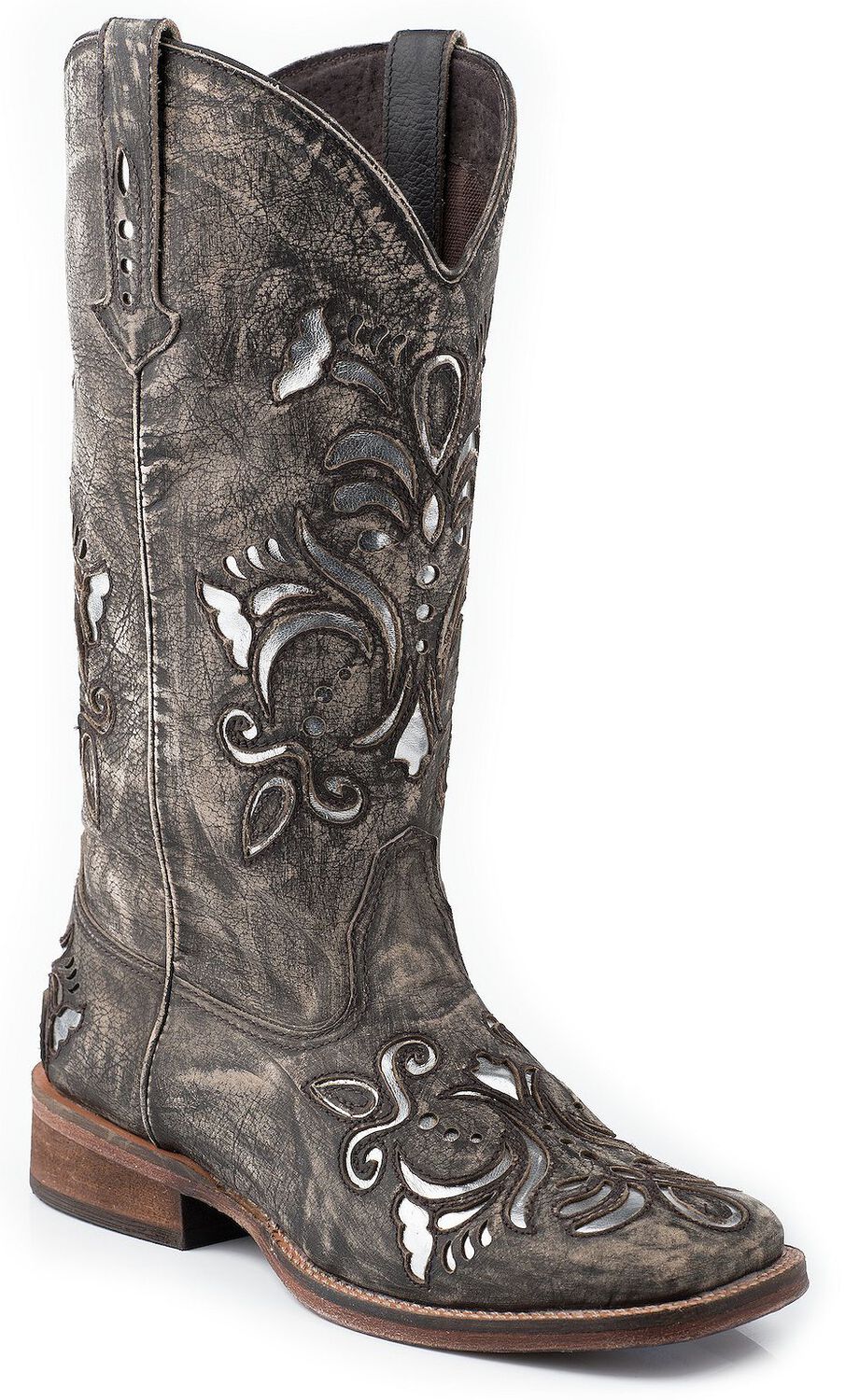 Image #1 - Roper Women's Fancy Silver Inlay Western Boots - Square Toe, Brown, hi-res