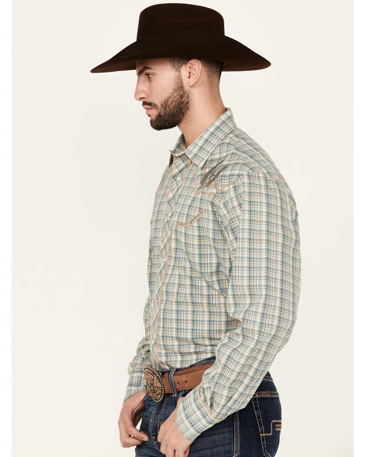 Image #2 - Roper Men's Plaid Print Embroidered Long Sleeve Pearl Snap Western Shirt, Teal, hi-res