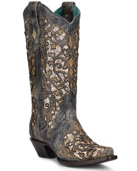 Image #1 - Corral Women's Inlay & Studs Western Boots - Snip Toe, Black, hi-res