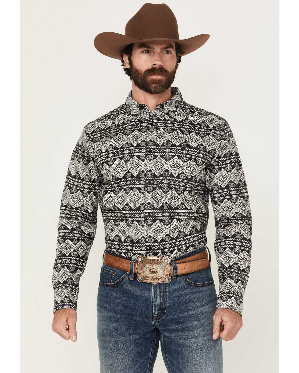 Image #1 - RANK 45® Men's Blaze Southwestern Striped Long Sleeve Button-Down Stretch Western Shirt, Black, hi-res