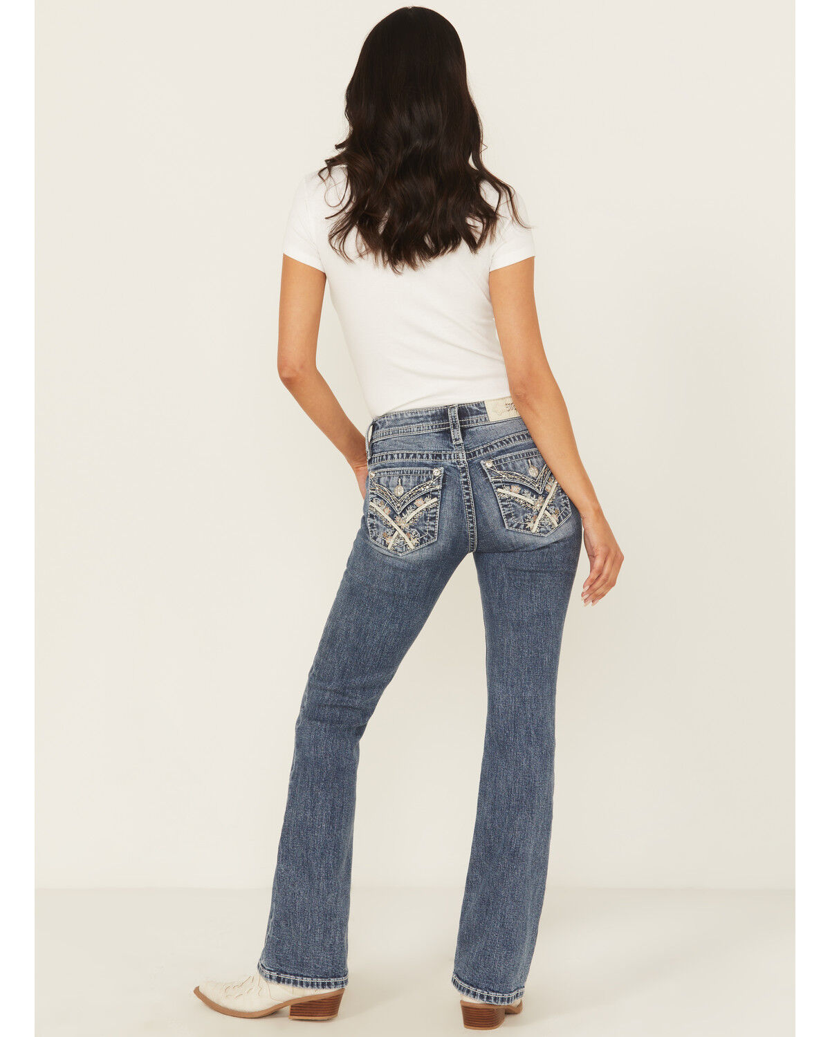 Image #1 - Miss Me Women's Medium Wash Mid Rise Bootcut Floral Pocket Stretch Denim Jeans, Medium Wash, hi-res