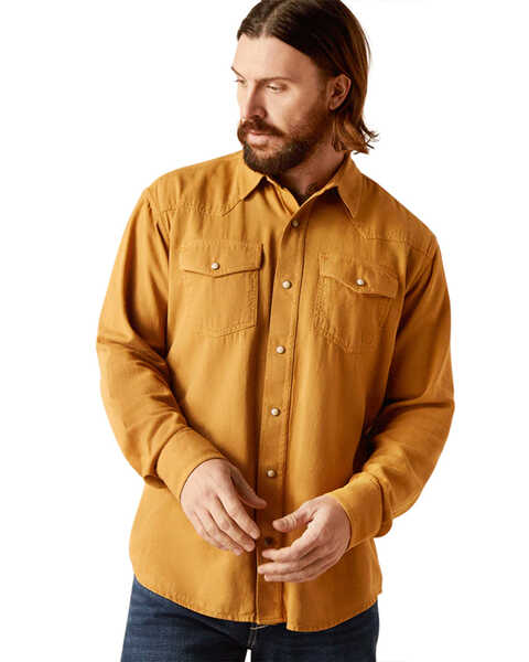 Image #1 - Ariat Men's Jurlington Retro Fit Solid Long Sleeve Snap Western Shirt , Mustard, hi-res